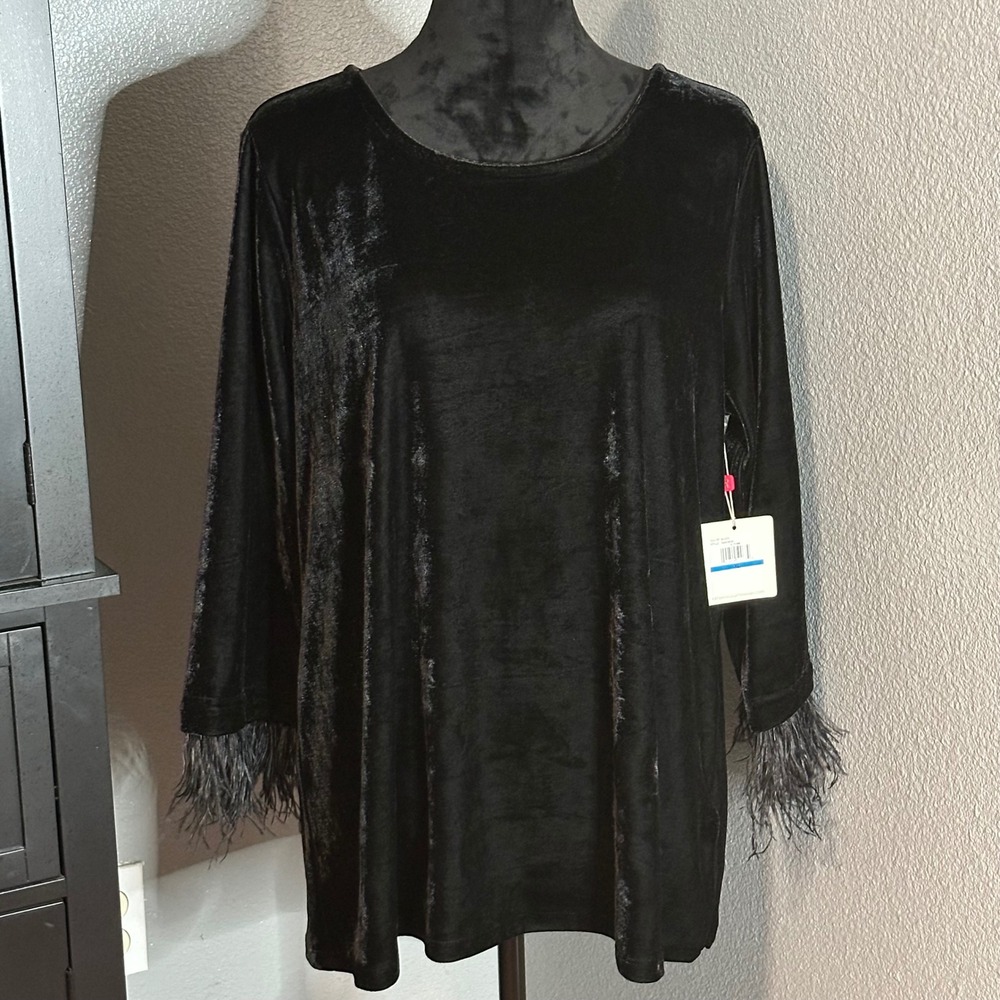 Rafaella Black Velvet Feather Trim‎ Long Sleeve Top XL Quiet Luxury Old Money